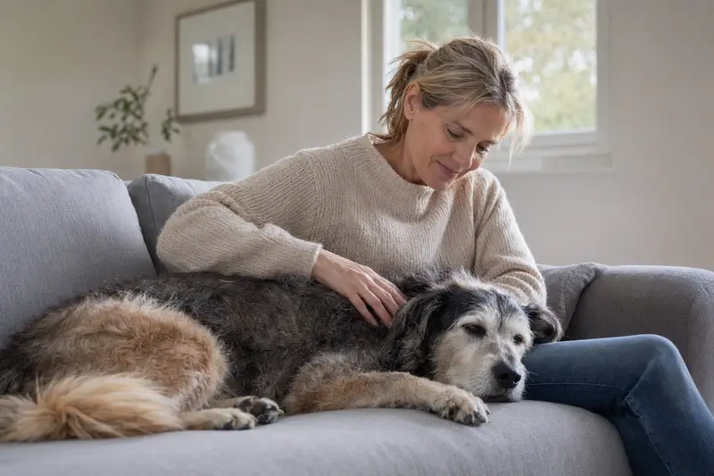 Ein älterer Nurse Maid Hund liegt entspannt auf einem gemütlichen Sofa, während sein Besitzer ihn liebevoll streichelt.