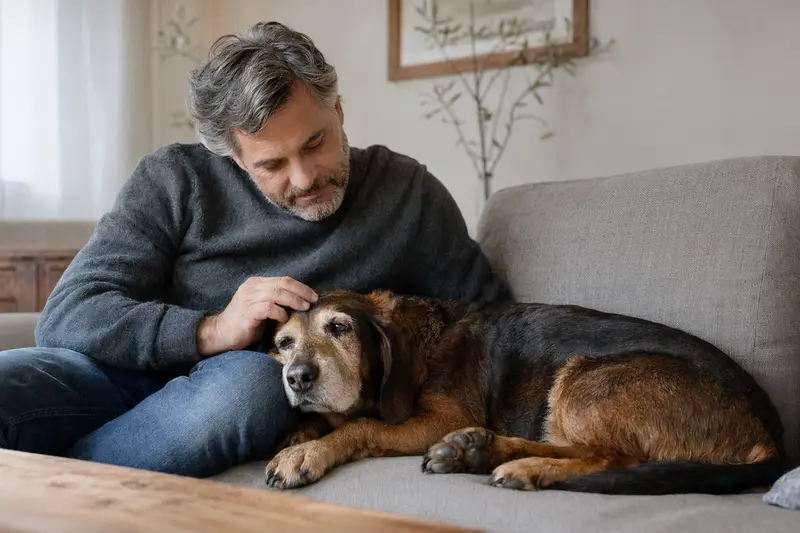 Ein älterer Österreichische Dachsbracke entspannt auf einem Sofa, während sein Besitzer ihn liebevoll streichelt.