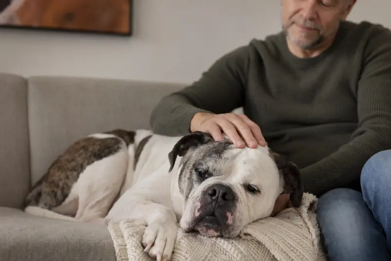 Ein älterer Old Country Bulldog entspannt auf einem Sofa, während sein Besitzer ihn liebevoll streichelt.