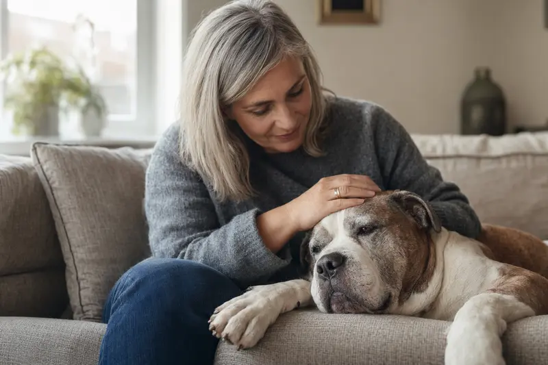 Ein älterer Old English Bulldog liegt entspannt auf einem Sofa, während sein Besitzer ihn liebevoll streichelt, was die Fürsorge im Alltag mit Hund zeigt.