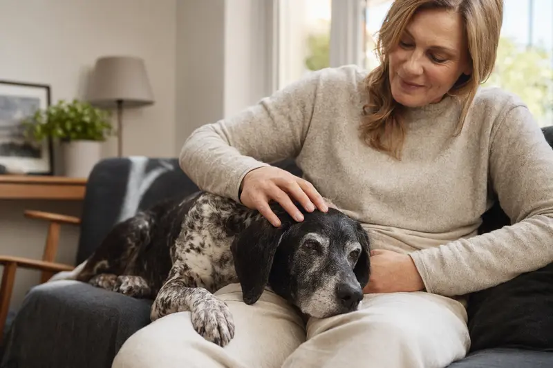 Älterer Old Spanish Pointer Hund liegt entspannt auf einem Sofa, während sein Besitzer ihn liebevoll streichelt.