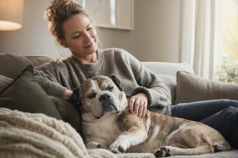 Ein älterer Olde English Bulldogge liegt entspannt auf einem gemütlichen Sofa, während sein Besitzer ihn liebevoll streichelt.