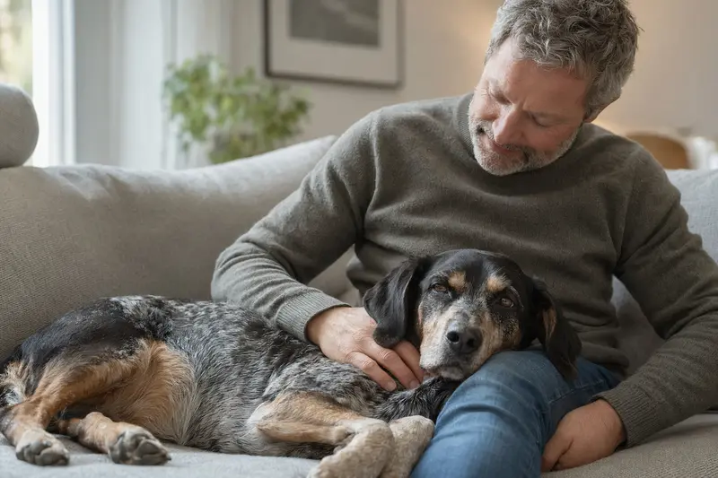 Ein älterer Olper Bracke Hund liegt entspannt auf einem Sofa, während sein Besitzer ihn liebevoll streichelt und eine warme, sichere Atmosphäre schafft.