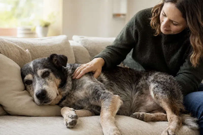 Ein älterer Ormskirk Heeler Hund liegt entspannt auf einem gemütlichen Sofa, während sein Besitzer ihn liebevoll streichelt.