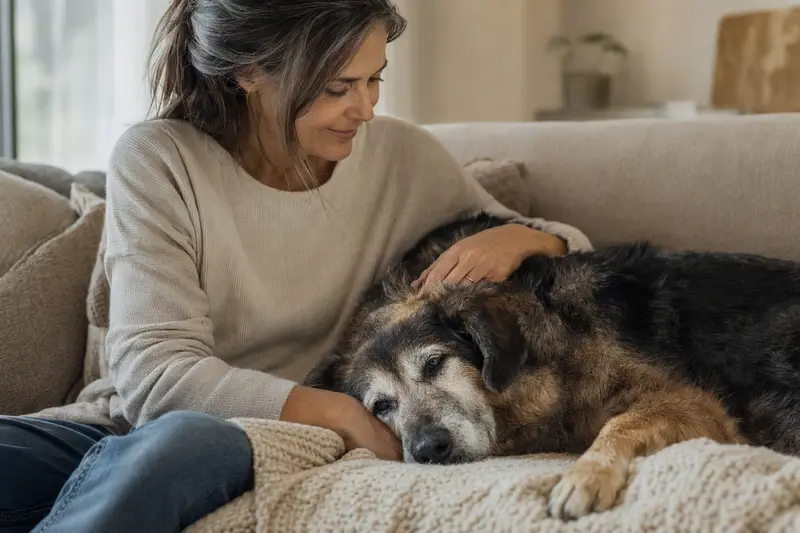 Ein älterer Osteuropäischer Schäferhund liegt entspannt auf einem Sofa, während sein Besitzer ihn liebevoll streichelt.