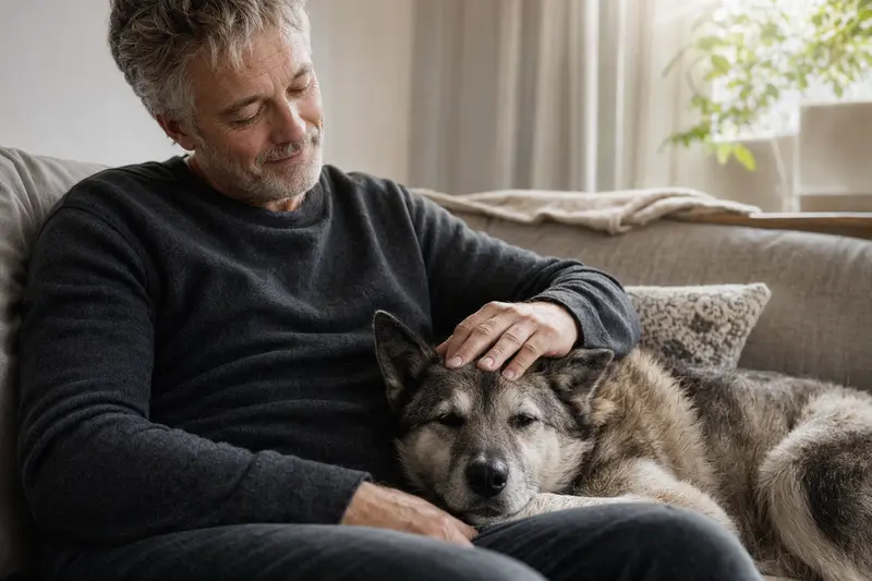 Ein älterer Ostsibirischer Laika Hund, der entspannt auf einem gemütlichen Sofa liegt, während sein Besitzer ihn liebevoll streichelt.