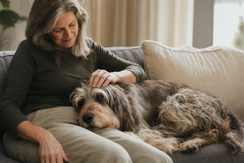 Ein älterer Otterhound liegt entspannt auf einem gemütlichen Sofa, während sein Besitzer ihn liebevoll streichelt.