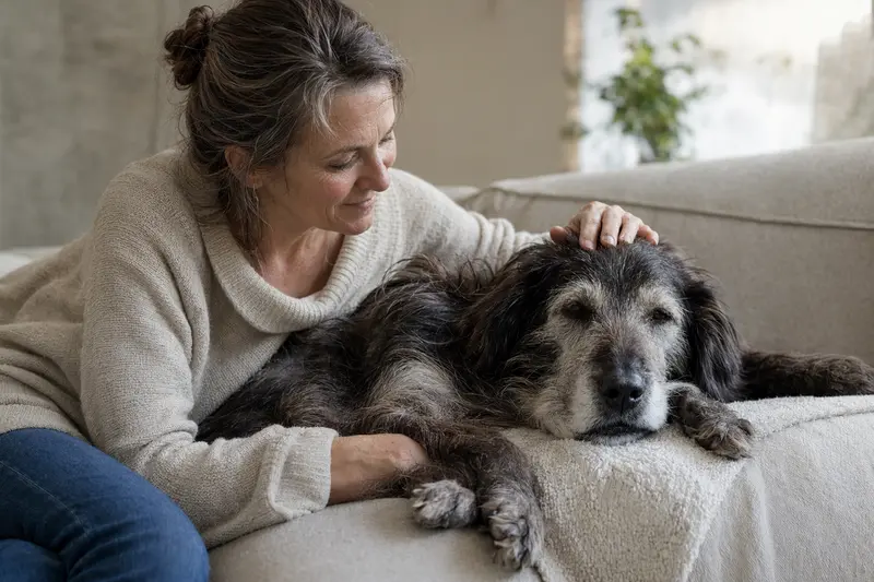 Ein älterer Otterhund liegt entspannt auf einem Sofa, während sein Besitzer ihn liebevoll streichelt.