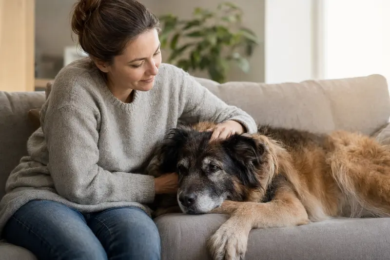 Älterer Owtscharka Hund liegt entspannt auf einem Sofa, während sein Besitzer ihn liebevoll streichelt, in einer warmen und sicheren Wohnatmosphäre.