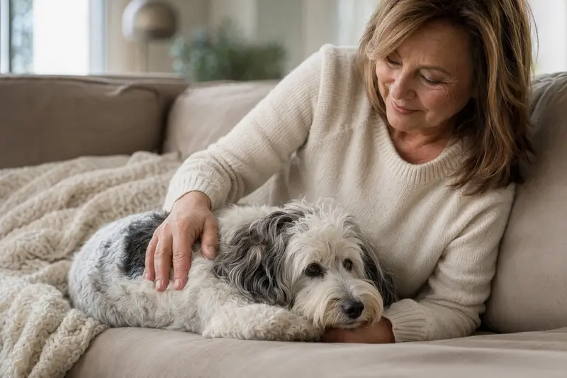 Ein älterer Pachon Navarro Hund liegt entspannt auf einem Sofa, während sein Besitzer ihn liebevoll streichelt.