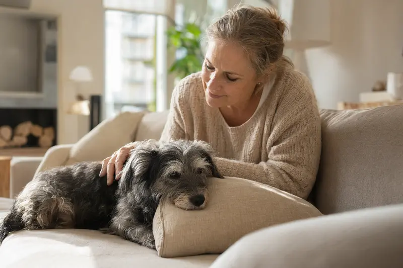 Ein älterer Paisley Terrier Hund liegt entspannt auf einem Sofa, während sein Besitzer ihn liebevoll streichelt.