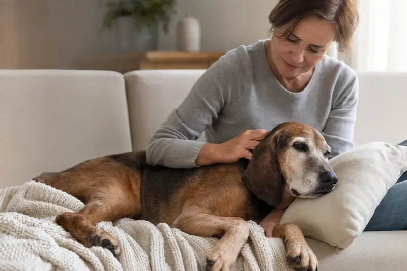 Ein älterer Pannonischer Spürhund liegt entspannt auf einem Sofa, während sein Besitzer ihm liebevoll über den Kopf streichelt.