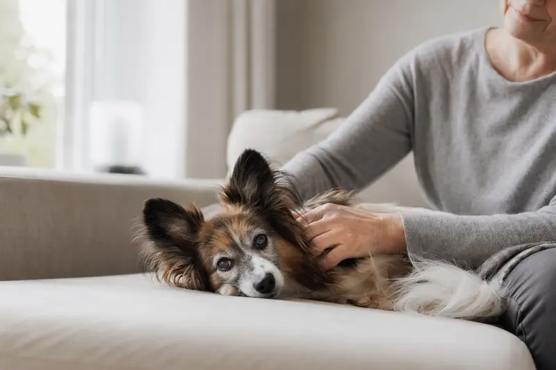 Ein älterer Papillon Hund entspannt auf einem Sofa, während sein Besitzer ihn liebevoll streichelt.