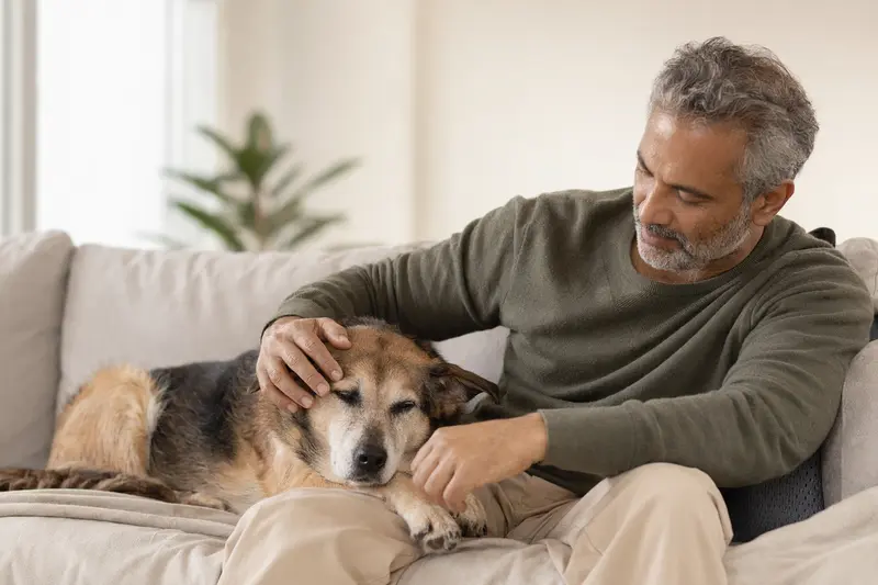 Ein älterer Pariahunde Hund entspannt auf einem Sofa, während sein Besitzer ihn liebevoll streichelt.