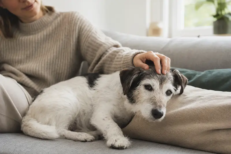 Ein älterer Parson Russell Terrier genießt entspannte Momente auf einem gemütlichen Sofa, während sein Besitzer ihn liebevoll streichelt.