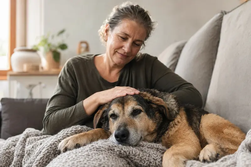 Ein älterer Pastor Garafiano Hund entspannt auf einem gemütlichen Sofa, während sein Besitzer ihn liebevoll streichelt.