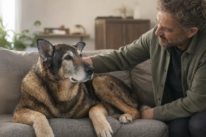 Ein älterer Pastor Vasco Euskal Artzain Txakurra Hund entspannt auf einem Sofa, während sein Besitzer ihn liebevoll streichelt.