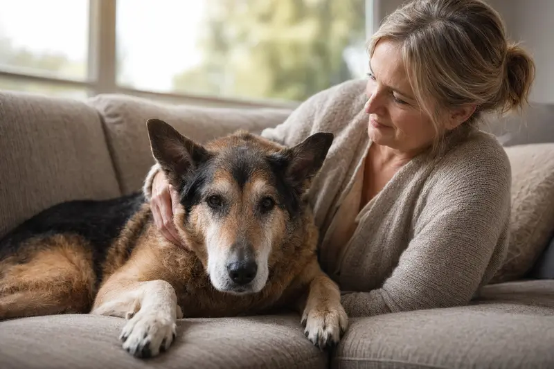 Ein älterer Vasco Hund liegt zufrieden auf dem Sofa, während sein Besitzer ihn liebevoll streichelt und eine warme Atmosphäre im Raum schafft.