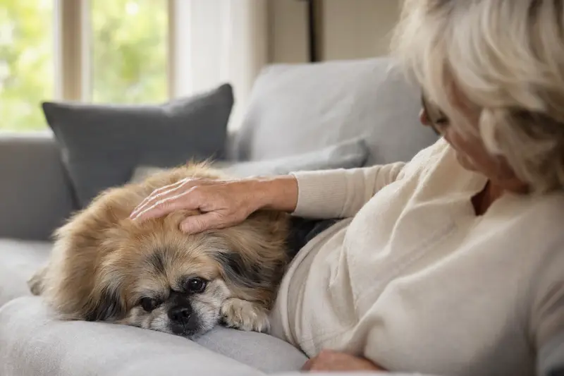 Ein älterer Pekinese liegt entspannt auf einem Sofa, während sein Besitzer liebevoll mit ihm interagiert.