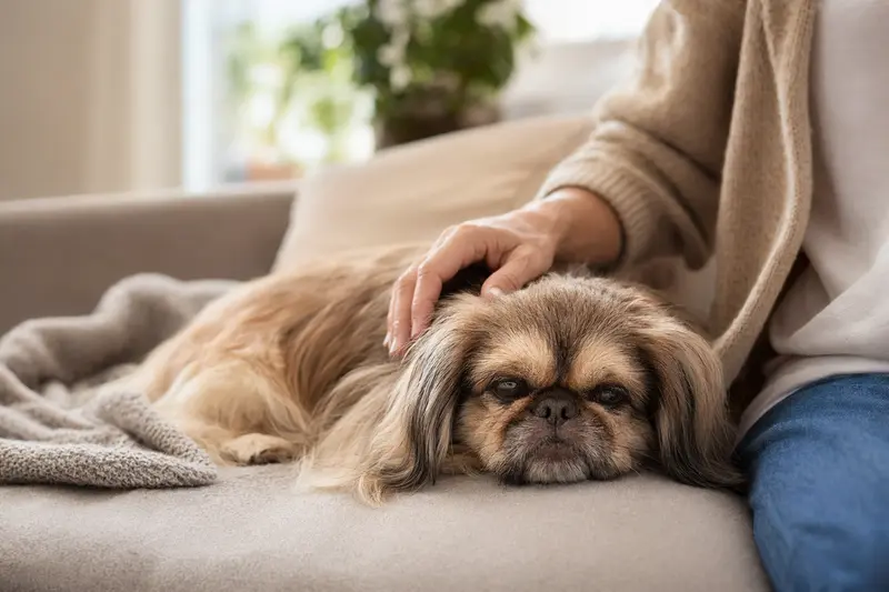Ein älterer Peking Palasthund liegt entspannt auf einem gemütlichen Sofa, während sein Besitzer ihn liebevoll streichelt.