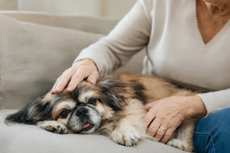 Ein älterer Pekingese lässt sich liebevoll von seinem Besitzer auf einem Sofa streicheln.