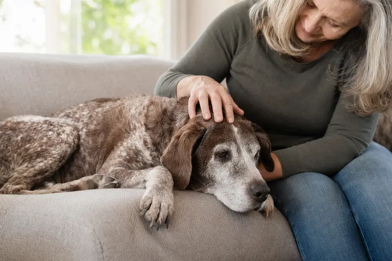 Ein älterer Perdiguero de Burgos Hund liegt entspannt auf einem Sofa, während sein Besitzer ihn liebevoll streichelt.