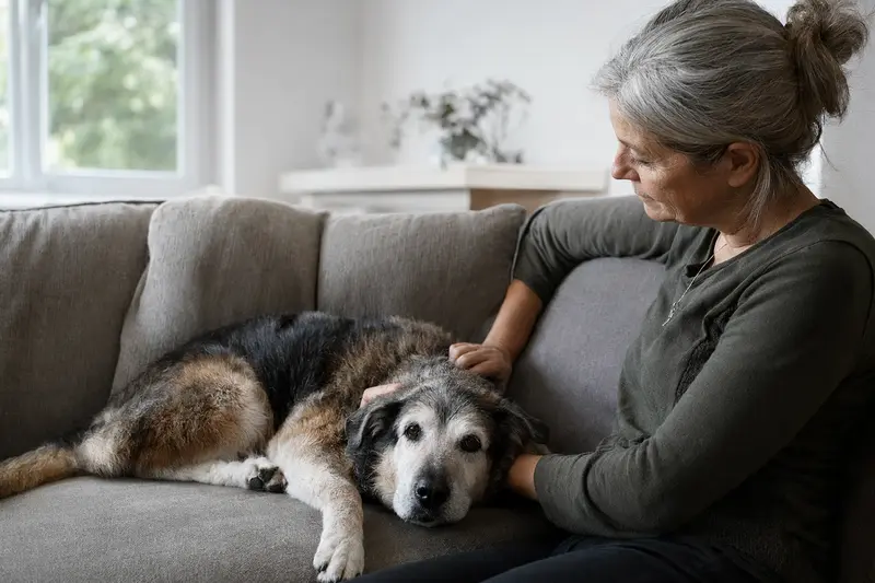 Ein älterer Perro Bardino Majorero Hund liegt entspannt auf einem Sofa, während sein Besitzer ihn liebevoll streichelt.