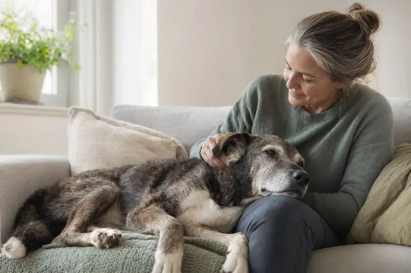 Ein älterer Perro Criollo Hund liegt entspannt auf einem gemütlichen Sofa, während sein Besitzer ihn liebevoll streichelt.