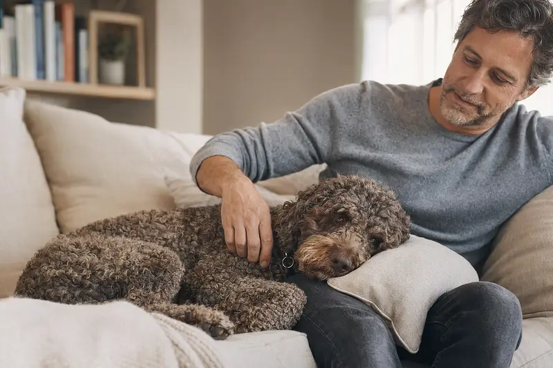 Ein älterer Perro de agua Americano liegt entspannt auf einem Sofa, während sein Besitzer ihn liebevoll streichelt.
