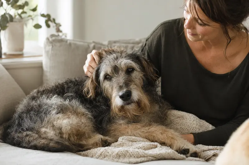 Ein älterer Perro de Pastor Catalan liegt entspannt auf einem Sofa, während sein Besitzer ihn liebevoll streichelt.
