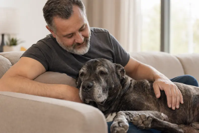 Ein älterer Perro de Presa Canario liegt entspannt auf einem Sofa, während sein Besitzer ihn liebevoll streichelt.