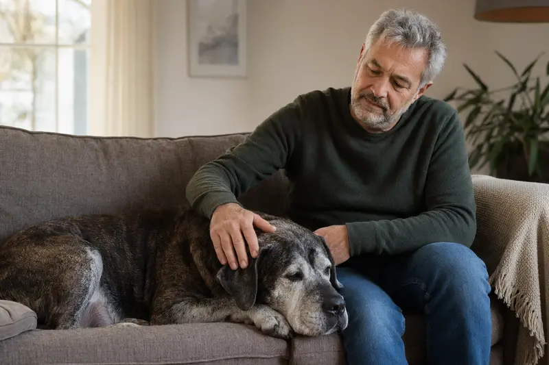 Ein älterer Perro de Presa Mallorquin Hund genießt eine liebevolle Streicheleinheit auf dem Sofa.