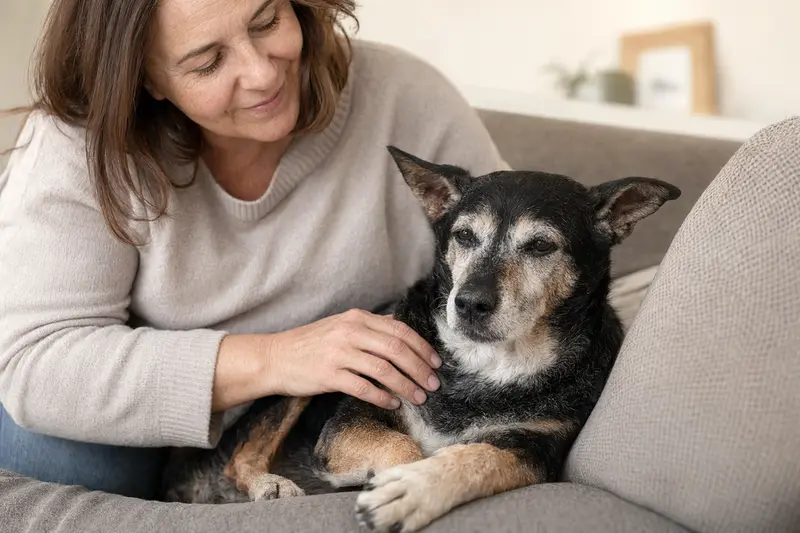 Ein älterer Perro Ratonero Bodeguero Hund entspannt auf einem Sofa, während sein Besitzer ihn liebevoll streichelt.