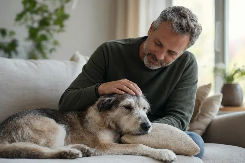 Älterer Perro Turco Hund entspannt auf dem Sofa, während sein Besitzer ihn liebevoll streichelt.