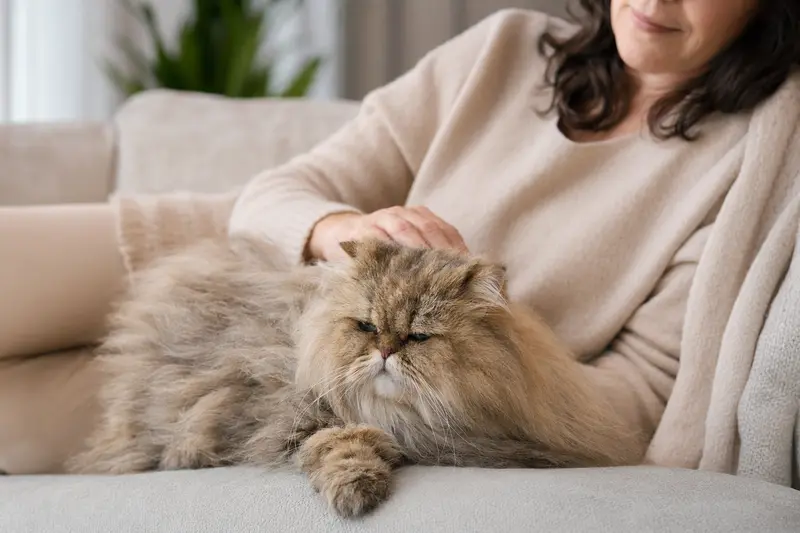 Eine ältere Perser Katze liegt entspannt auf einem gemütlichen Sofa, während ihr Besitzer sie liebevoll streichelt.
