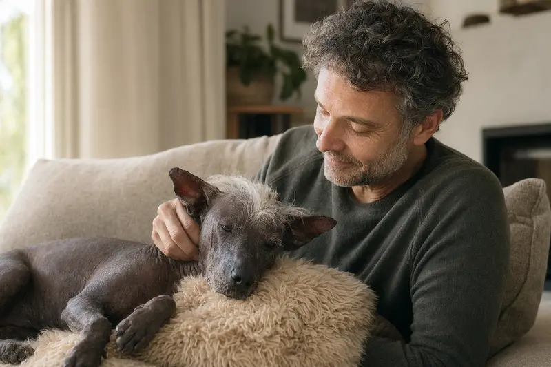 Ein älterer Peruanischer Nackthund liegt gemütlich auf einem Sofa, während sein Besitzer ihn liebevoll streichelt.