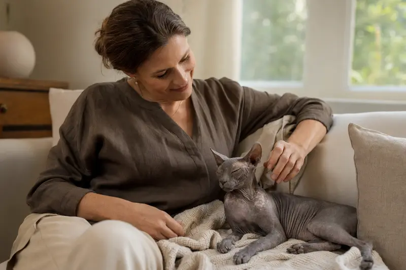 Eine ältere Peterbald Katze liegt entspannt auf einem gemütlichen Sofa, während ihr Besitzer sie liebevoll streichelt.