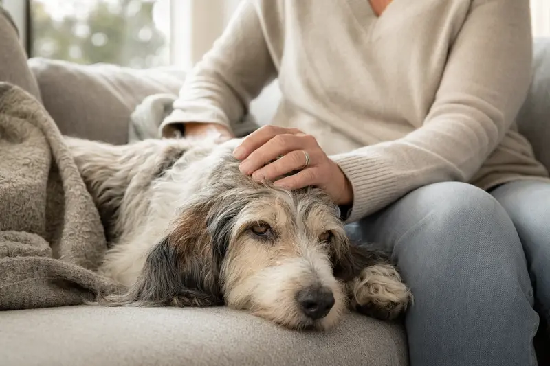 Ein älterer Petit Basset Griffon Vendéen Hund liegt entspannend auf einem gemütlichen Sofa, während sein Besitzer ihn liebevoll streichelt.