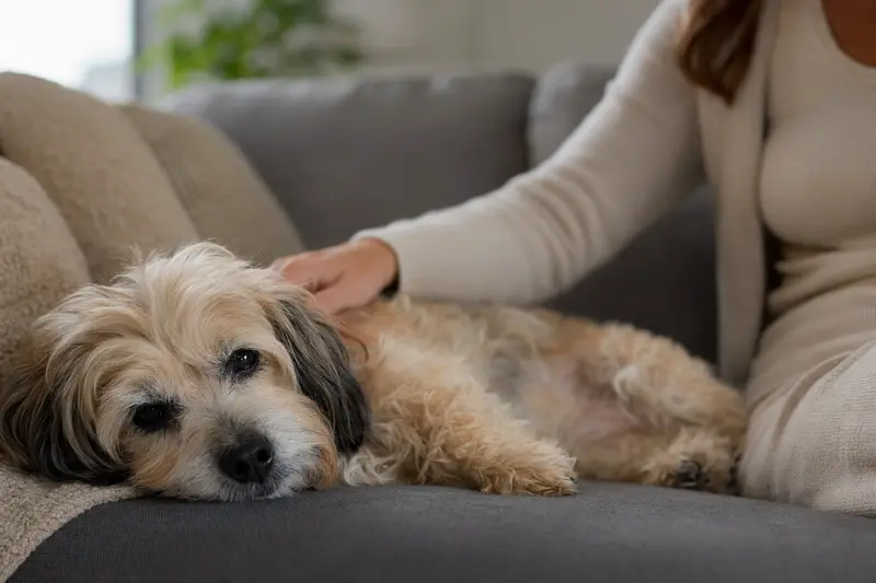 Ein älterer Petit Chien Lion liegt entspannt auf einem Sofa, während sein Besitzer ihn liebevoll streichelt.
