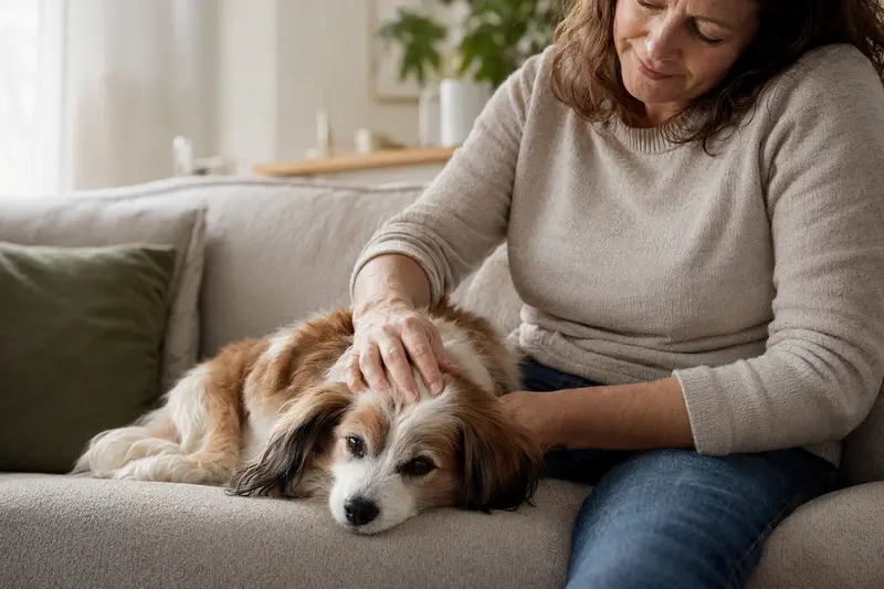 Ein älterer Phalene Hund liegt entspannt auf einem Sofa, während sein Besitzer ihn liebevoll streichelt.