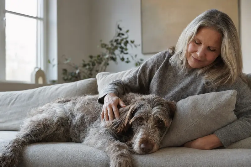 Älterer Picardie-Spaniel liegt entspannt auf dem Sofa, während sein Besitzer ihn liebevoll streichelt.