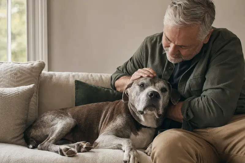 Älterer Pit Bull Terrier liegt entspannt auf einem Sofa, während sein Besitzer ihn liebevoll streichelt und so Sicherheit und Fürsorge ausstrahlt.