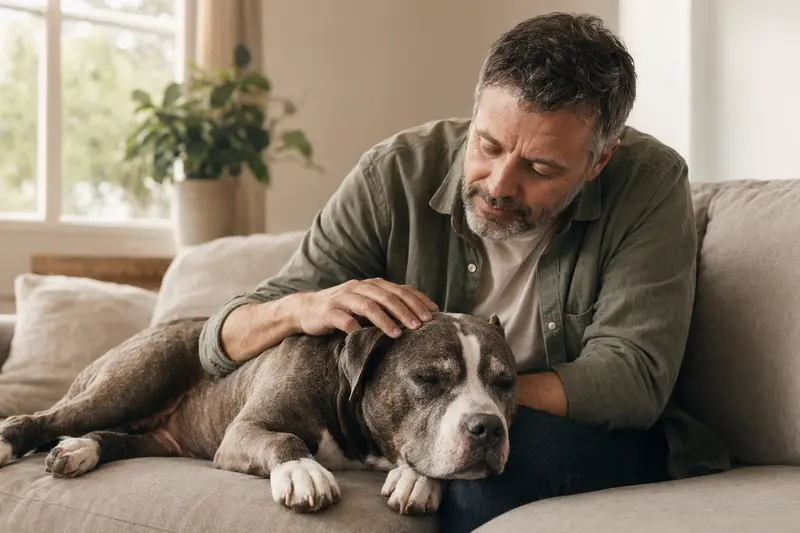 Älterer Pitbull Hund liegt entspannt auf einem gemütlichen Sofa, während sein Besitzer ihn liebevoll streichelt.