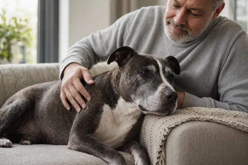 Ein älterer Pitbullterrier liegt entspannt auf einem Sofa, während sein Besitzer ihn liebevoll streichelt.