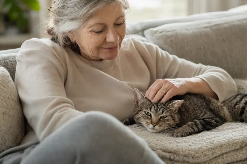 Eine entspannte Pixiebob Kurzhaarkatze wird liebevoll von ihrem Besitzer auf einem gemütlichen Sofa gestreichelt.