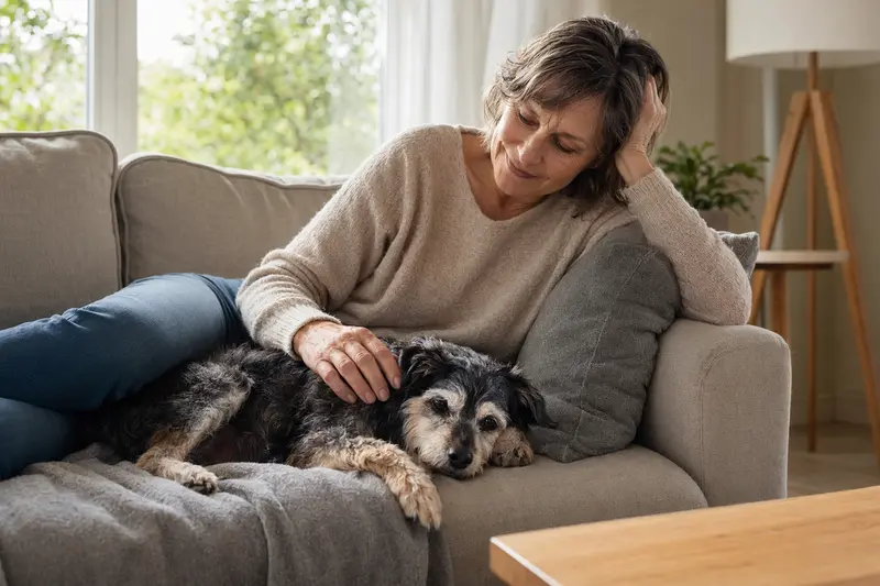Ein älterer Hund liegt entspannt auf einem Sofa, während sein Besitzer ihn liebevoll streichelt, als Symbol für Fürsorge und Geborgenheit.