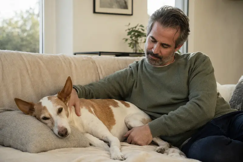 Ein älterer Podenco Andaluz liegt entspannt auf einem gemütlichen Sofa, während sein Besitzer ihn liebevoll streichelt.