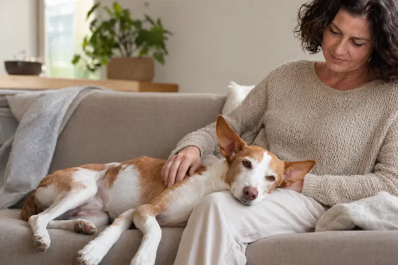 Älterer Podenco Andaluz Maneto liegt entspannt auf dem Sofa, während sein Besitzer ihn liebevoll streichelt.