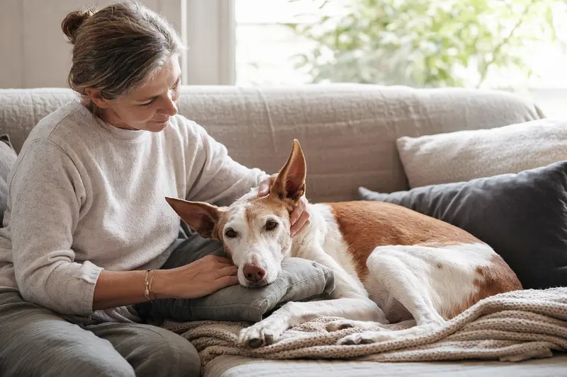 Ein älterer Podenco Grande Hund liegt entspannt auf dem Sofa, während sein Besitzer ihn liebevoll streichelt.