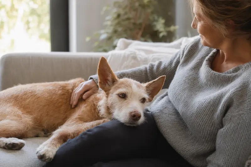 Älterer Podengo Medio liegt entspannt auf dem Sofa, während sein Besitzer ihn liebevoll streichelt.